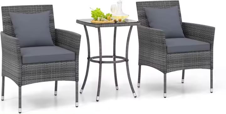 Conjunto Muebles de Jardín Ratán de 3 Piezas, 2 Sillas con Cojines y 1 Mesa de Vidrio Templado, Mesa y Sillas Terraza Terraza Patio Balcón (Beige) - 1
