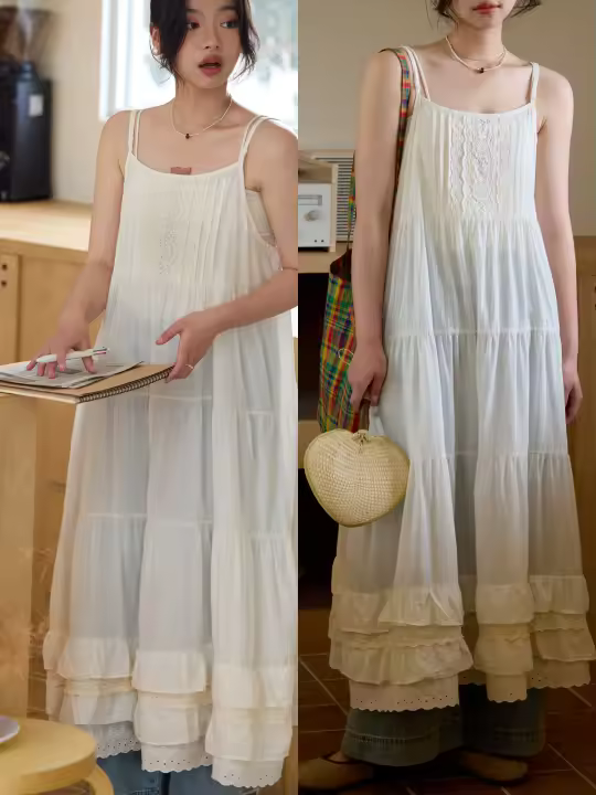 Vestido Halter bordado de Color puro para mujer, falda larga de fibra de triacetato con cintura holgada artística, sin mangas, primavera y verano - 1