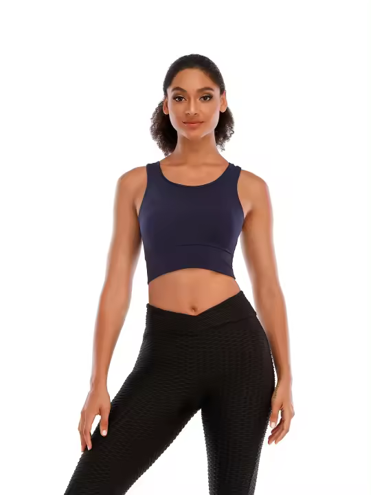 Top corto de manga corta para mujer, camisa deportiva de Yoga, Color Azul Marino - 1