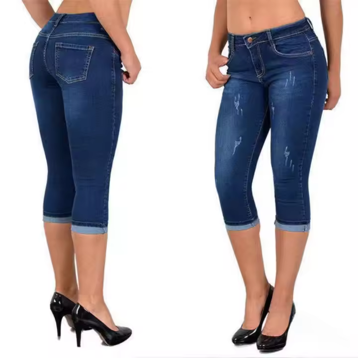 Pantalones vaqueros informales sencillos, elásticos, ajustados, de pie pequeño, pantalones cortos de mezclilla para mujer - 1