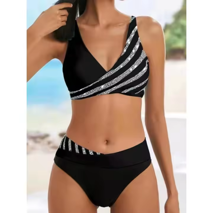 Conjunto de bikini a rayas de dos piezas sexy de moda de playa brasileña 2025 - 1