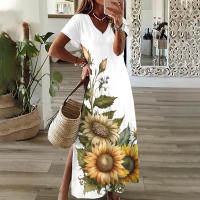 Elegante Vestido de Media Lengua Floral de Girasol Talla Grande para Mujeres Manga Corta - details 10