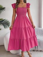 Escote cuadrado de verano con mangas anchas y pliegues, vestido informal de algodón transpirable para playa o uso diario, estilo bohemio - details 1
