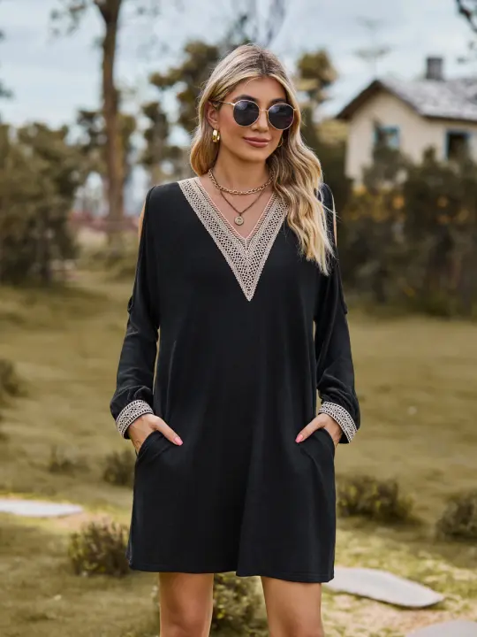 Vestido de primavera otoño con cuello en V y hombros descubiertos para mujer - 1