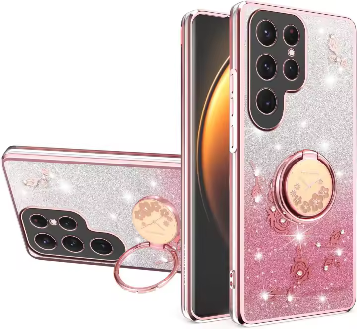 Funda de silicona transparente con purpurina para Samsung Galaxy S25 Ultra con soporte de anillo - 1