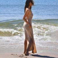 2025 Primavera y verano Estilo caliente Doble cara Abertura larga Correas sexy Espalda bonita Color sólido Vestido de playa de punto - details 5