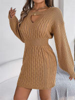 Vestido suéter de punto de manga larga calado elegante para mujer, - details 8