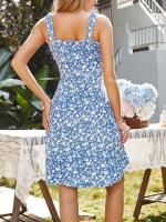 Vestido de verano para mujer, vestido informal sin mangas con cuello cuadrado floral con Mini vestido con bolsillos oscilantes - details 2