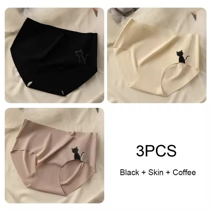 Bragas sin costuras para mujer, lencería de seda helada, bragas de gato, ropa interior Sexy, conjunto de ropa interior íntima ultrafina, 3 uds. - 1