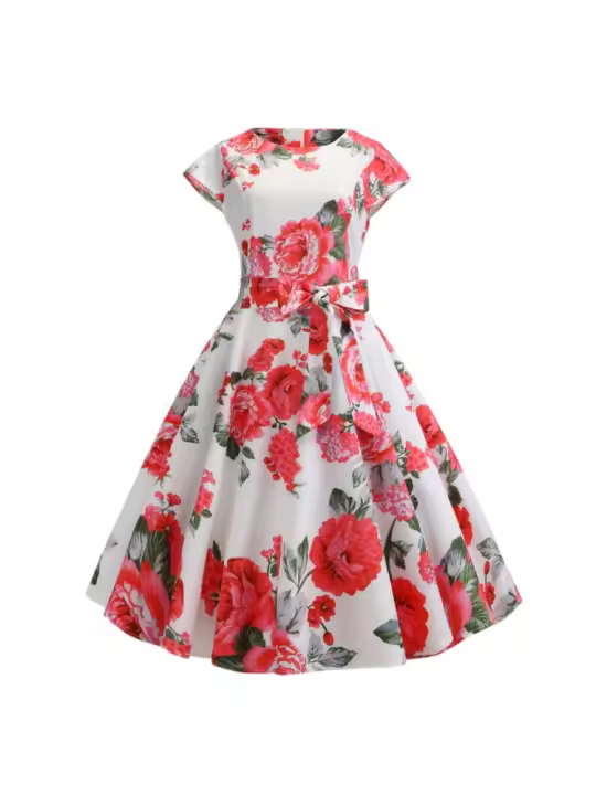 Vestido vintage con cuello redondo, bolsa, manga, cintura con correa, corte ajustado, estampado y estilo péndulo. - 1