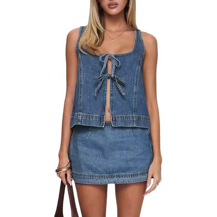 Conjunto de faldas vaqueras de dos piezas para mujer, Tops informales sin mangas con lazo en la parte delantera y minifalda a juego, ropa de calle Y2K - 1