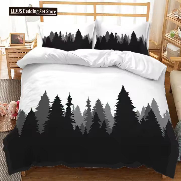 Juego de funda nórdica 3D de bosque de montaña, montaña nevada, tema de invierno, funda de edredón tamaño King y Queen para chico y adolescente, juego de cama de poliéster - 1
