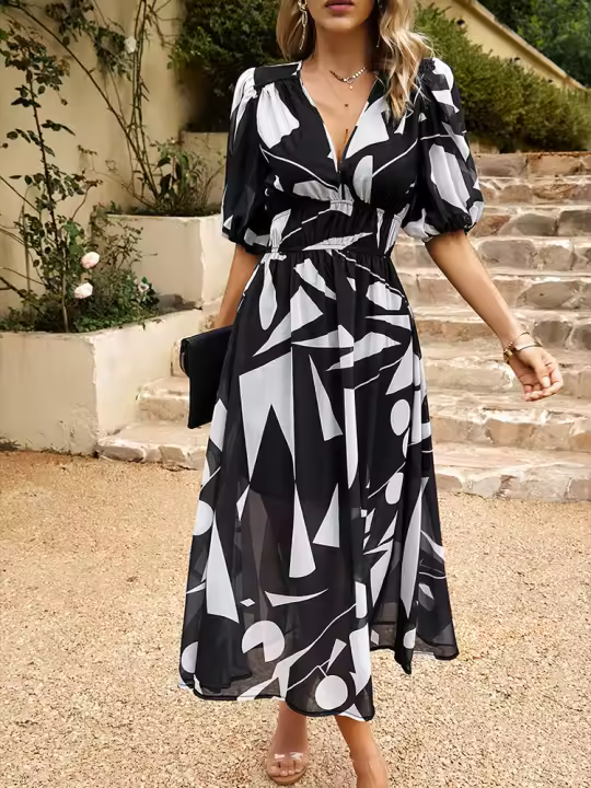 Vestido de verano estilo callejero para mujer, elegante y con cuello en V, estampado floral, mangas farol, largo, 2024 - 1