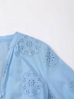 OUWU- Vestido Mini de Verano 2025 para Mujer de Algodón Azul Claro con Bordado, Cuello en V, Botones, Cinturón, Manga Abullonada y Diseño de Ojales. - details 5