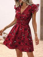 Chaleco elegante con estampado de flores, vestido acampanado para mujer, minifalda con cuello en V, vestidos elegantes para vacaciones - details 5