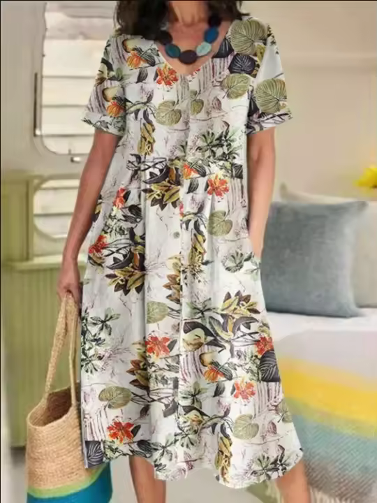 Vestido informal con estampado Floral para mujer, vestidos Vintage holgados de manga corta con cuello de pico a la moda para mujer, ropa bohemia de vacaciones para mujer de verano - 1