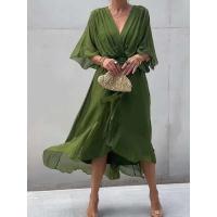 Vestido de verano para mujer, cuello en V, manga corta, plisado, Irregular, rojo, elegante, falda Midi negra para fiesta para mujer - details 8