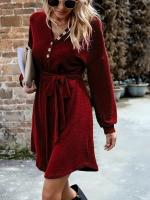 Vestido Corto de Crochet para Mujer Cuello en V, Color Sólido, Moda Casual, Prenda Única de Punto - details 7
