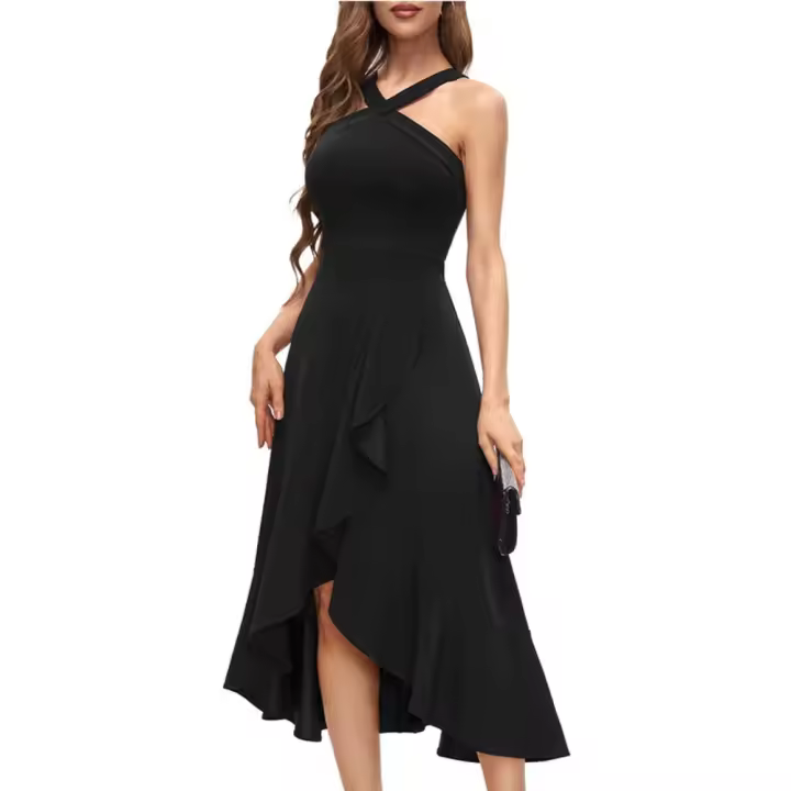 Vestido de Cóctel Tirantes al Cuello – Largo con Volantes, Elegante para Bodas/Fiestas Formales, Diseño Ajustado y Transpirable - 1