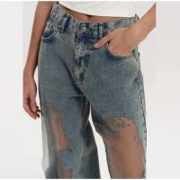 Jeans de cambio gradual de corte para mujer, jeans de tiro bajo con parche de malla, jeans retro sueltos de pierna ancha - details 3