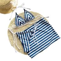 Microbikini Estampado de Rayas Azules Traje de Baño Sexy con Tanga y Cuello Halter para Mujer - details 1