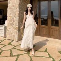 Vestido largo romántico con bordado de industria pesada, tirantes, cuello en V, falda de hadas, falda para vacaciones en la isla - details 4