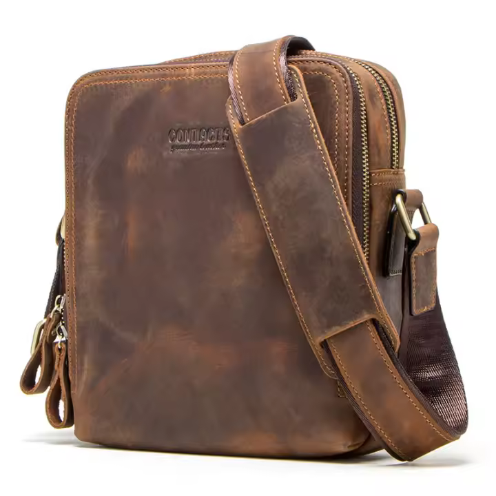 Bolso de Hombro Vintage para Hombres CONTACT'S de Cuero Genuino Bolso Cruzado de Alta Calidad para Ipad Mini 7.9" Bolso de Mensajero con Cierre de Cremallera Fabricado en China de Poliéster Suave para Primavera/Verano - 1