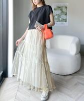 Falda larga de malla para mujer, falda de dos capas, línea A, color negro, blanco y verde, primavera y verano - details 7