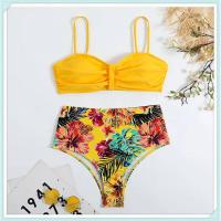Conjunto de bikini bandeau liso, estampado tropical sexy, traje de baño mejorado para mujer, traje de baño de cintura alta con encaje en la espalda, ropa de playa - details 15
