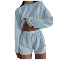 Conjunto de Pantalones Cortos Informales para Mujer Tops de Manga Larga con Cuello Redondo - details 0