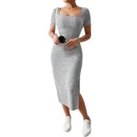 Cuello cuadrado de verano, falda de longitud media que abraza la cadera, manga corta, vestido con abertura de punto versátil - details 1