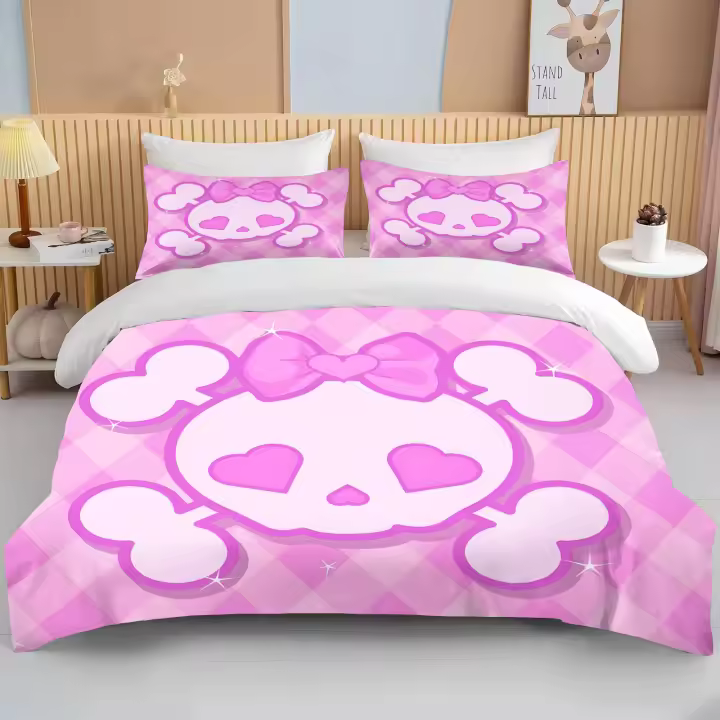 Juego de Ropa de Cama de Lujo con Estampado de Calavera Rosa Conjunto de Cama de Tamaño Completo para Adultos y Niños Material de Poliéster - 1
