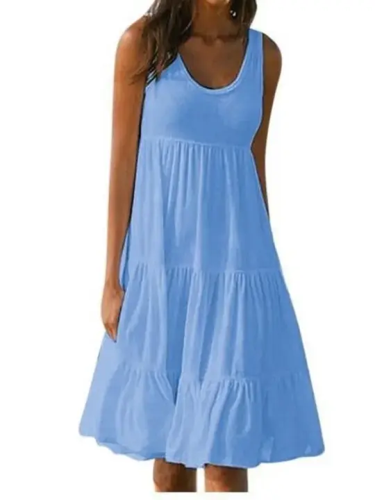 Vestido de playa holgado con volantes y cuello redondo de gran tamaño para mujer, vestido veraniego elegante de talla grande de Color sólido bohemio, Vestidos de fiesta para discoteca - 1