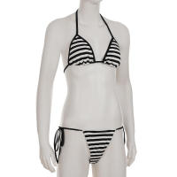 Conjunto de dos piezas de bikini a rayas sexy estilo vacacional americano Lianlianbuwang, top halter y shorts para chica atractiva - details 19