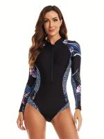 Traje de baño de una pieza para mujer, con mangas largas, cierre frontal con cremallera, estampado floral, cuerpo de surf, estilo - details 0