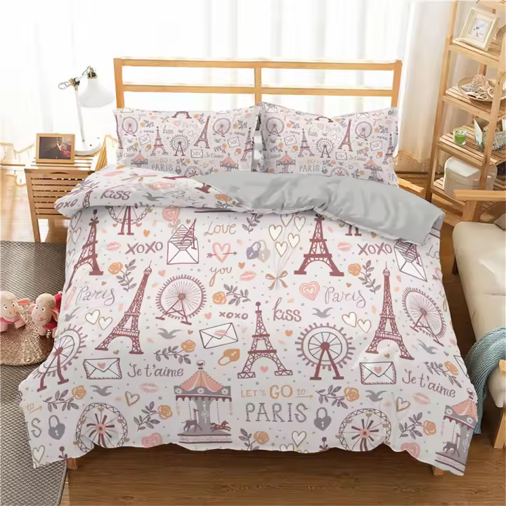 Juego de Cubierta de Edredón de Torre Eiffel Ropa de Cama de Ciudad de Plástico Romántico Rosa - 1