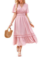Vestido largo de encaje formal con cuello en V para mujer, con volantes y flecos, manga corta, estilo bohemio, para invitados de boda - details 8