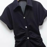 PB&ZA 2025, temperamento de solapa de manga corta, diseño plisado simple y versátil, vestido de un solo pecho, falda larga - details 9
