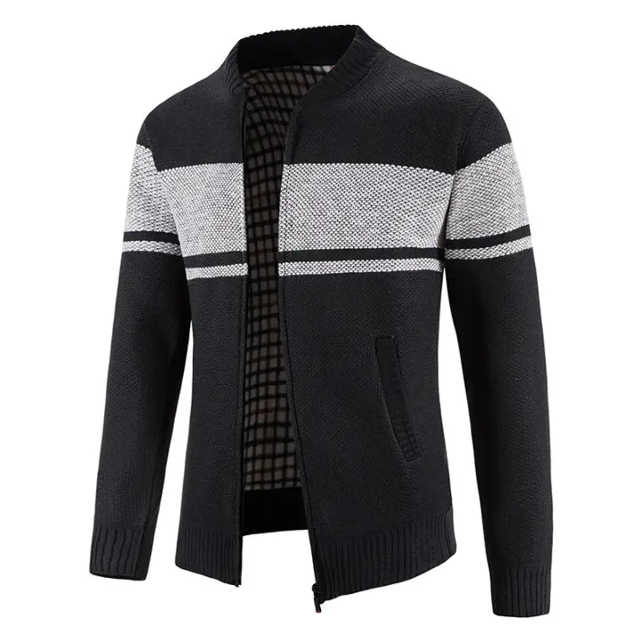 Chaqueta de Punto con Cuello de Béisbol para Hombres CHAIFENKO Top de Abrigo Grueso de Vellón para Otoño e Invierno Moda Rayada Cuidado de Lavado Máquina - 1