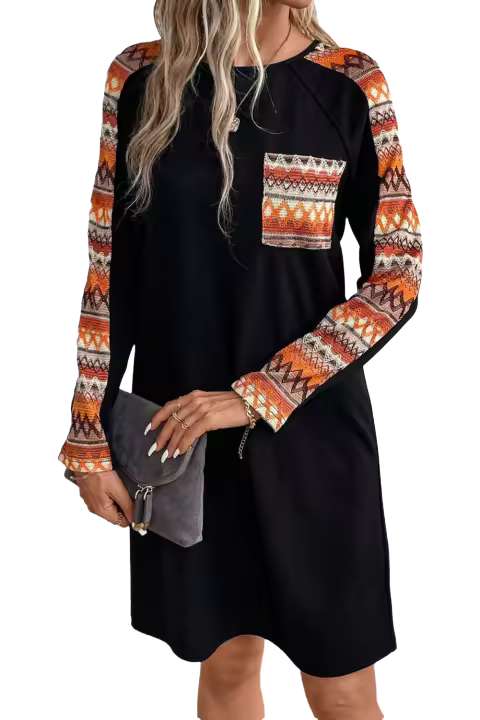 Elrachen Mini vestido de mujer con patchwork geométrico en contraste y mangas raglán, naranja, tallas S-XL - 1