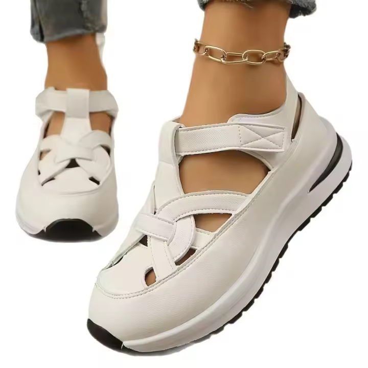 Sandalias de cuña sólidas con punta cerrada para mujer, sandalias huecas a la moda para mujer, zapatos informales de verano con aumento de altura para oficina - 1
