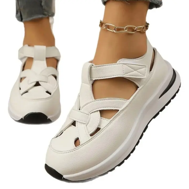Sandalias de cuña sólidas con punta cerrada para mujer, sandalias huecas a la moda para mujer, zapatos informales de verano con aumento de altura para oficina - 1