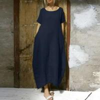 Vestido largo casual de verano para mujer, manga corta, cuello redondo TRE, bolsillos, largo hasta el tobillo - details 8