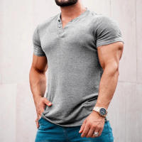 Camiseta de manga corta Henley para hombre, ropa informal de algodón, M-6XL, azul marino, gris claro, paquete de 2 - details 2