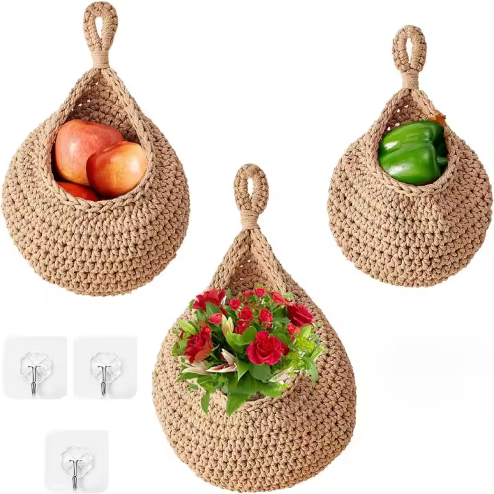 Cestos de Mimbre Tejidos a Mano 3 Piezas para Colgar Almacenamiento y Decoración Bohemia para Frutas, Verduras, Flores y Juguetes de Peluche - 1