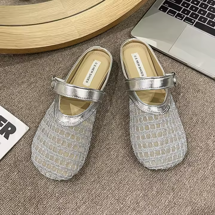 Verano casual ahuecado bolsa de un pedal zapatillas de mujer, nuevas zapatillas de plataforma plana con hebilla de cinturón, medias perezosas transpirables. - 1