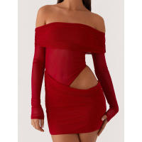Vestido de Malla Corto con Hombros Descubiertos para Mujer Color Sólido, Ajuste en Forma de U, Manga Larga, Espalda Descubierta, Ideal para Fiestas - details 4