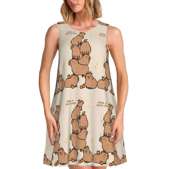 Personalice el vestido de playa sin mangas de viaje de vacaciones de Capybara impreso en 3D para mujer para un hermoso día - 1