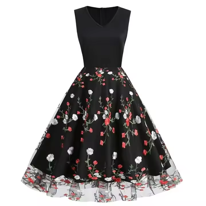Elegante vintage largo combinado con fiesta bordada, adecuado para mujeres con cuello en V. - 1