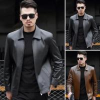 Chaqueta Bomber de Cuero Falsio Delgada Abrigo Veterano con Cremallera y Bolsillos para Hombres - details 0